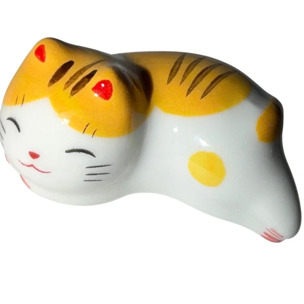 Lucky Cat Chopstick Holder Rest‎ Ceramic Orange White